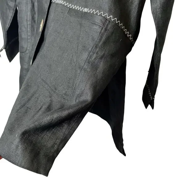 VTG Mureli Collection Women’s M Black Linen Hooded Lagenlook Artsy Jacket Art - Picture 4 of 14